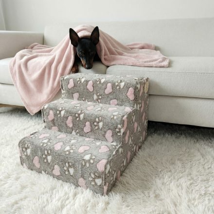 Bodza kutyalépcső 30 x 40 x 45cm - szürke alapon rózsaszín szívecskék és fehér kis tappancsok