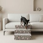 Bodza kutyalépcső 30 x 40 x 45cm - szürke alapon rózsaszín szívecskék és fehér kis tappancsok