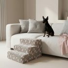 Bodza kutyalépcső 30 x 40 x 45cm - szürke alapon rózsaszín szívecskék és fehér kis tappancsok