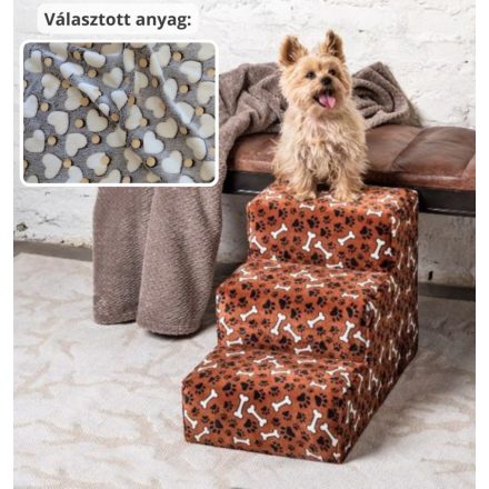 Daisy kutyalépcső 40 x 35 x 60cm - szürke alapon fehér szívecskék és világítós pöttyök