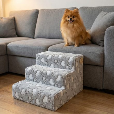 Bodza kutyalépcső 30 x 40 x 45cm - szürke alapon fehér szívek és tappancsok