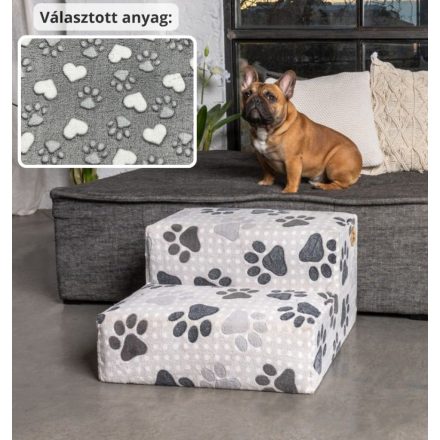 Funky kutyalépcső 30 x 50 x 50cm - szürke alapon fehér szívek és tappancsok