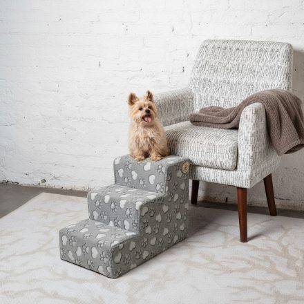 Daisy kutyalépcső 40 x 35 x 60cm - szürke alapon fehér szívek és tappancsok