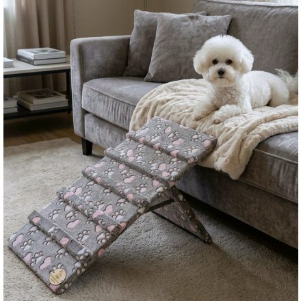 Lora kutyarámpa 80 x 40cm - szürke alapon rózsaszín szívecskék és fehér kis tappancsok