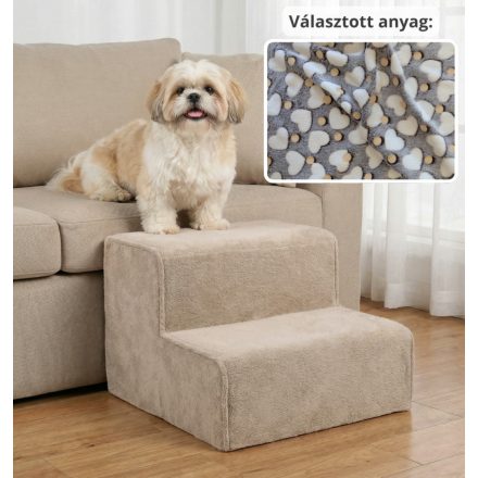 Mexi kutyalépcső 25 x 40 x 40cm - szürke alapon fehér szívecskék és világítós pöttyök