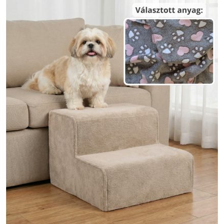 Mexi kutyalépcső 25 x 40 x 40cm - szürke alapon rózsaszín szívecskék és fehér kis tappancsok